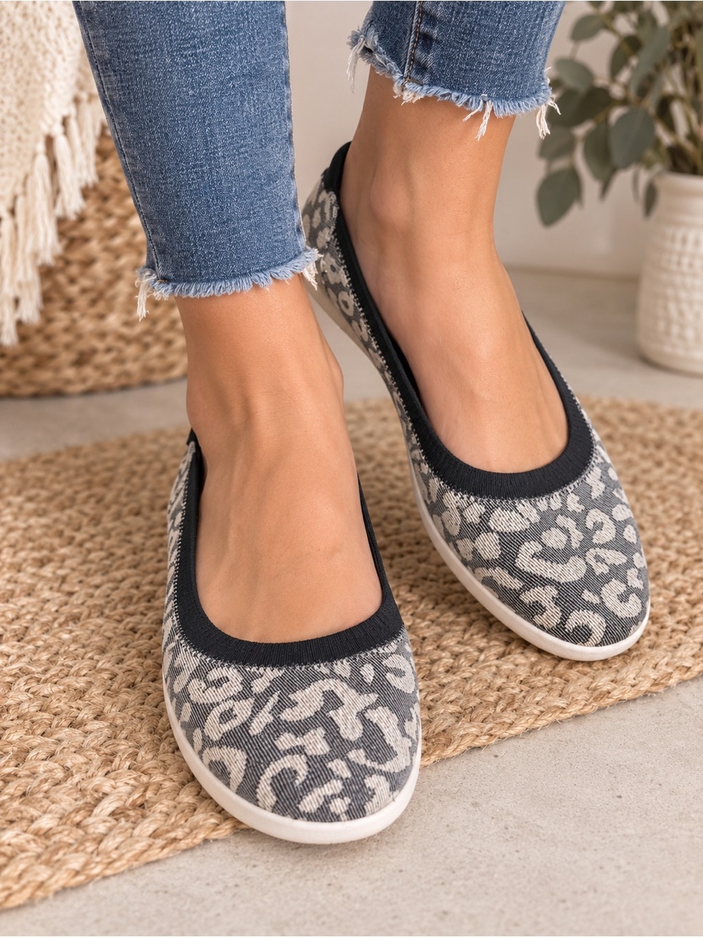 Hey Dude Gray Leopard Knit Slip-On Flats